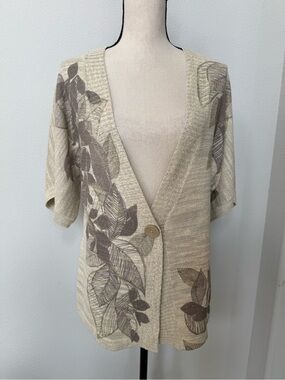 Coldwater Creek Beige and Brown V-Neck Leaf Print Cardigan